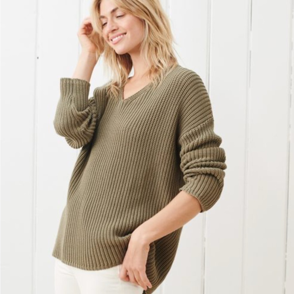 Jenni Kayne Green V-Neck Sweater Ribbed Knit